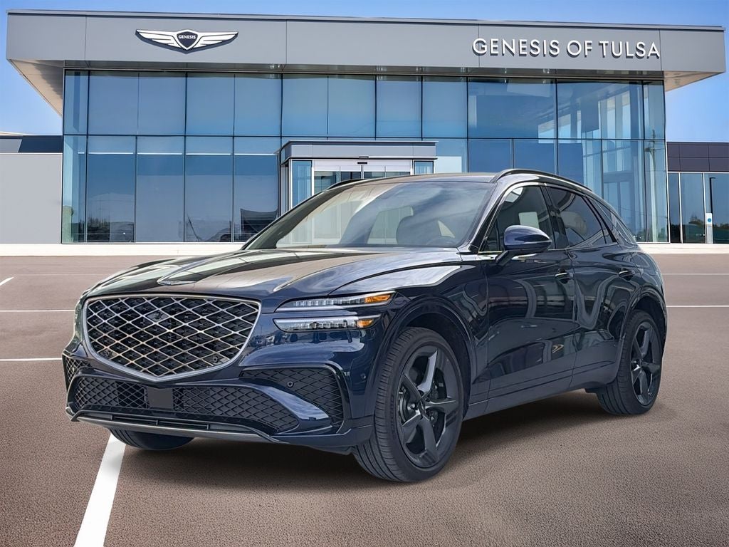 2026 Genesis GV70 3.5T Sport Prestige in Capri Blue — front three-quarter view